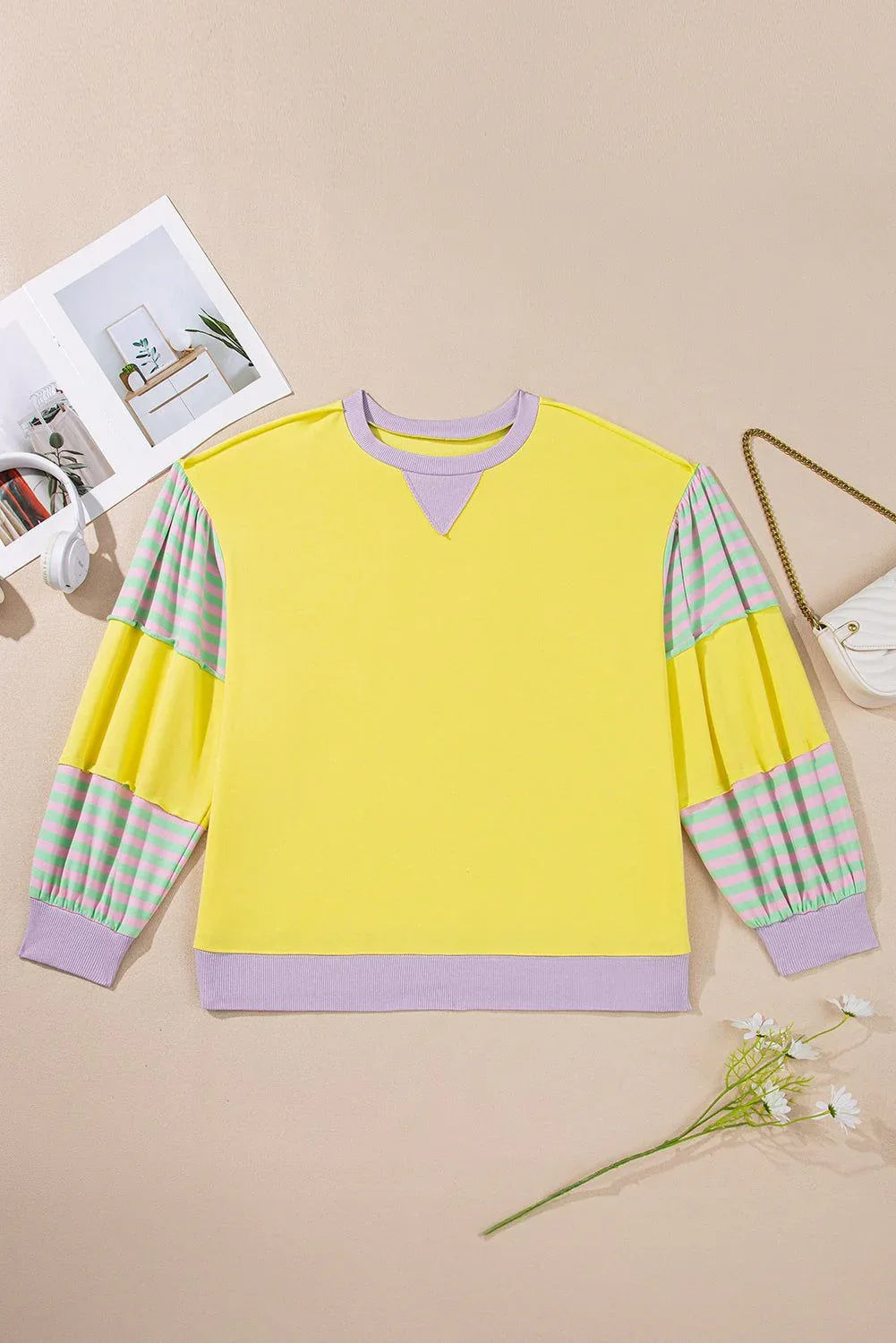 Yellow Striped Color Block Patchwork Crewneck Plus Size Pullover Sweatshirt - MarkoFit