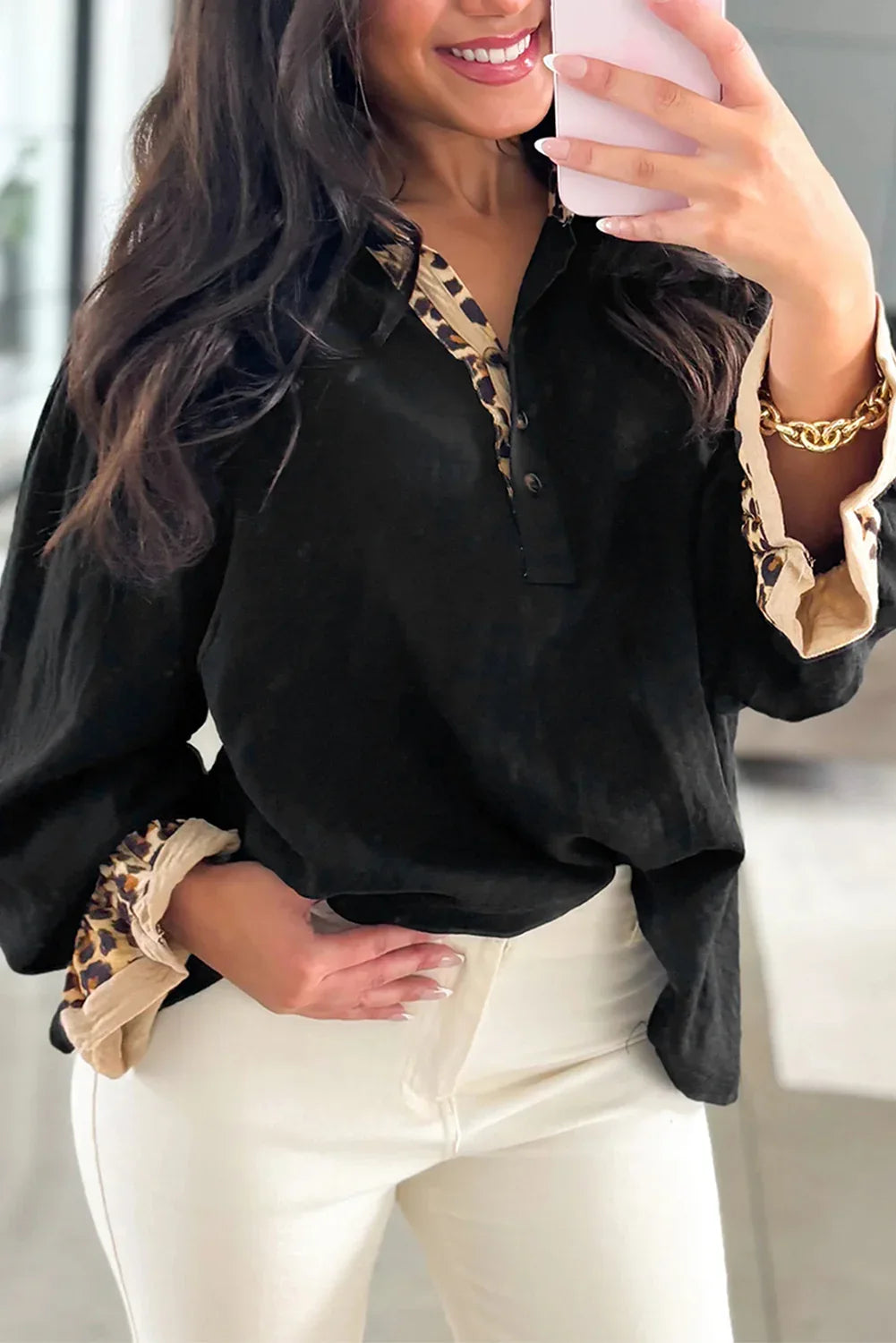 Black Contrast Leopard Print Patchwork Polo Collar Buttons Front Ruffled Long Sleeve Blouse - MarkoFit