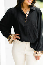 Black Contrast Leopard Print Patchwork Polo Collar Buttons Front Ruffled Long Sleeve Blouse - MarkoFit