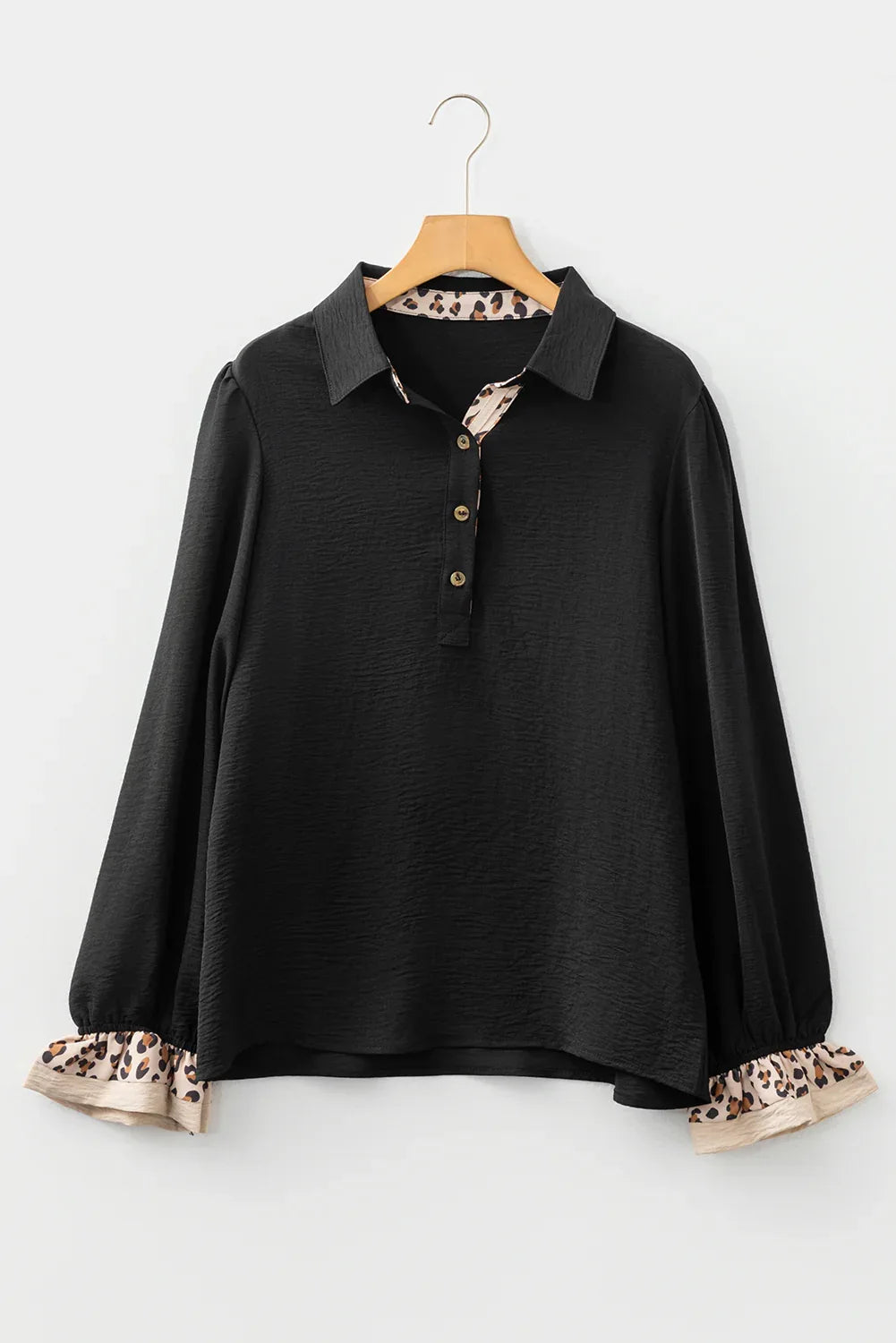 Black Contrast Leopard Print Patchwork Polo Collar Buttons Front Ruffled Long Sleeve Blouse - MarkoFit