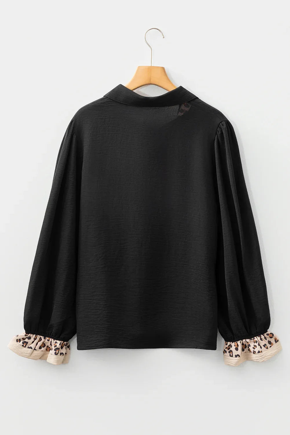 Black Contrast Leopard Print Patchwork Polo Collar Buttons Front Ruffled Long Sleeve Blouse - MarkoFit