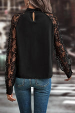 Black Keyhole Neckline Floral Lace Raglan Sleeve Blouse - MarkoFit