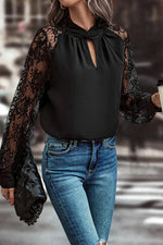 Black Keyhole Neckline Floral Lace Raglan Sleeve Blouse - MarkoFit