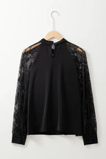Black Keyhole Neckline Floral Lace Raglan Sleeve Blouse - MarkoFit