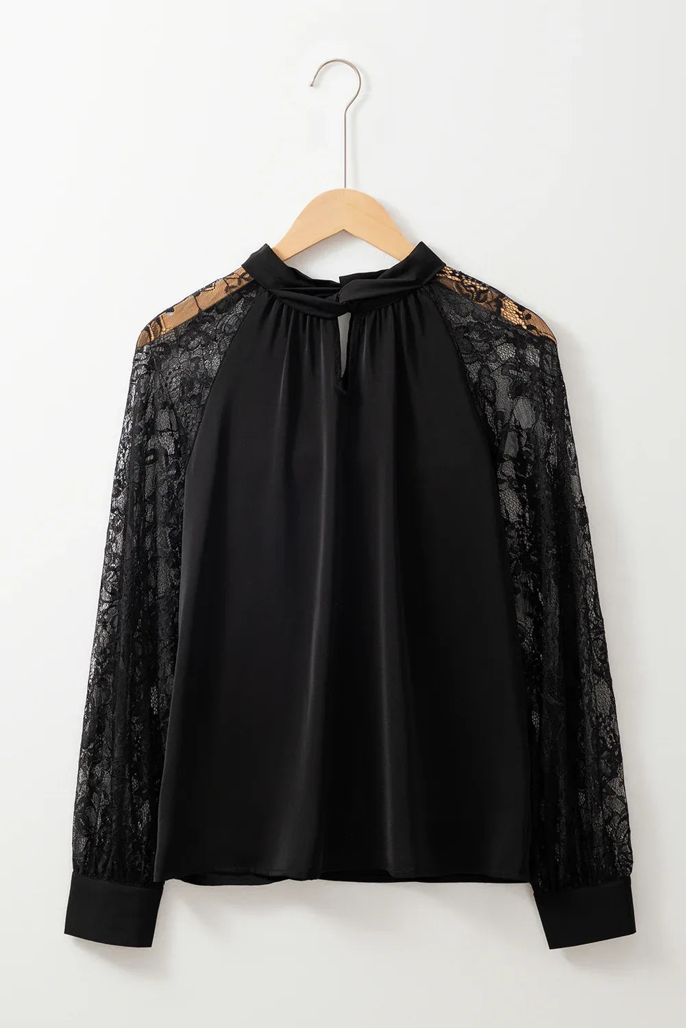 Black Keyhole Neckline Floral Lace Raglan Sleeve Blouse - MarkoFit