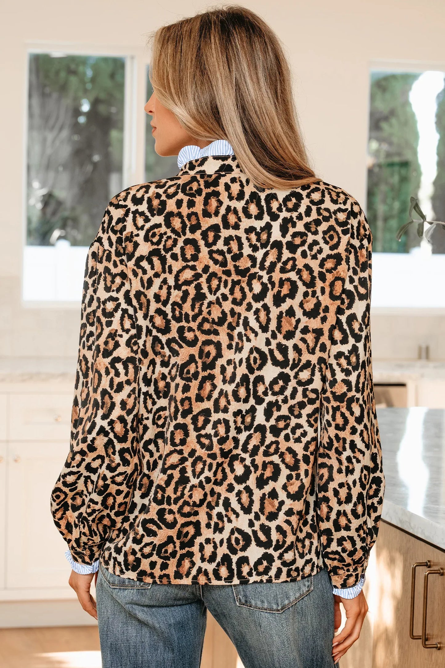 Brown Wild Leopard Print Contrast Striped Frilled Trim Chic Shirt - MarkoFit