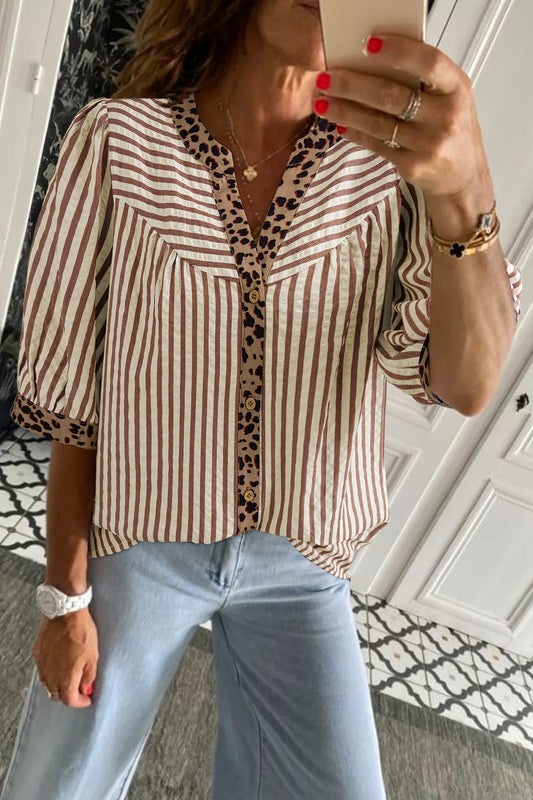 Brown Stripe Leopard Trim V Neck Button Down Half Sleeve Shirt - MarkoFit