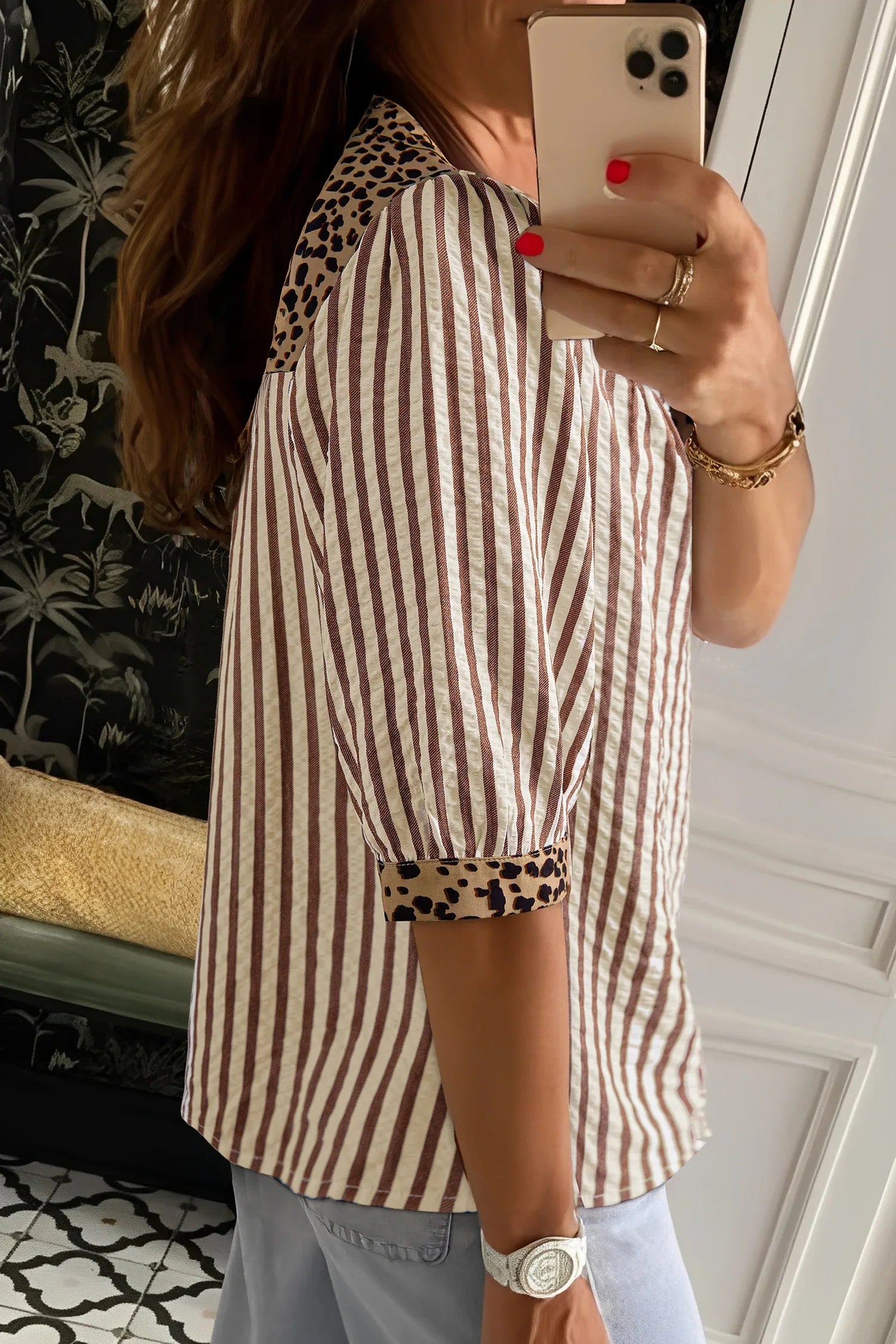 Brown Stripe Leopard Trim V Neck Button Down Half Sleeve Shirt - MarkoFit