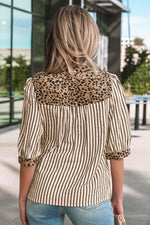 Brown Stripe Leopard Trim V Neck Button Down Half Sleeve Shirt - MarkoFit