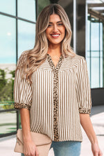 Brown Stripe Leopard Trim V Neck Button Down Half Sleeve Shirt - MarkoFit