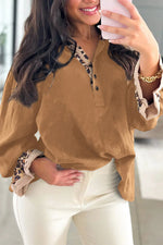 Camel Contrast Leopard Print Patchwork Polo Collar Buttons Front Ruffled Long Sleeve Blouse - MarkoFit