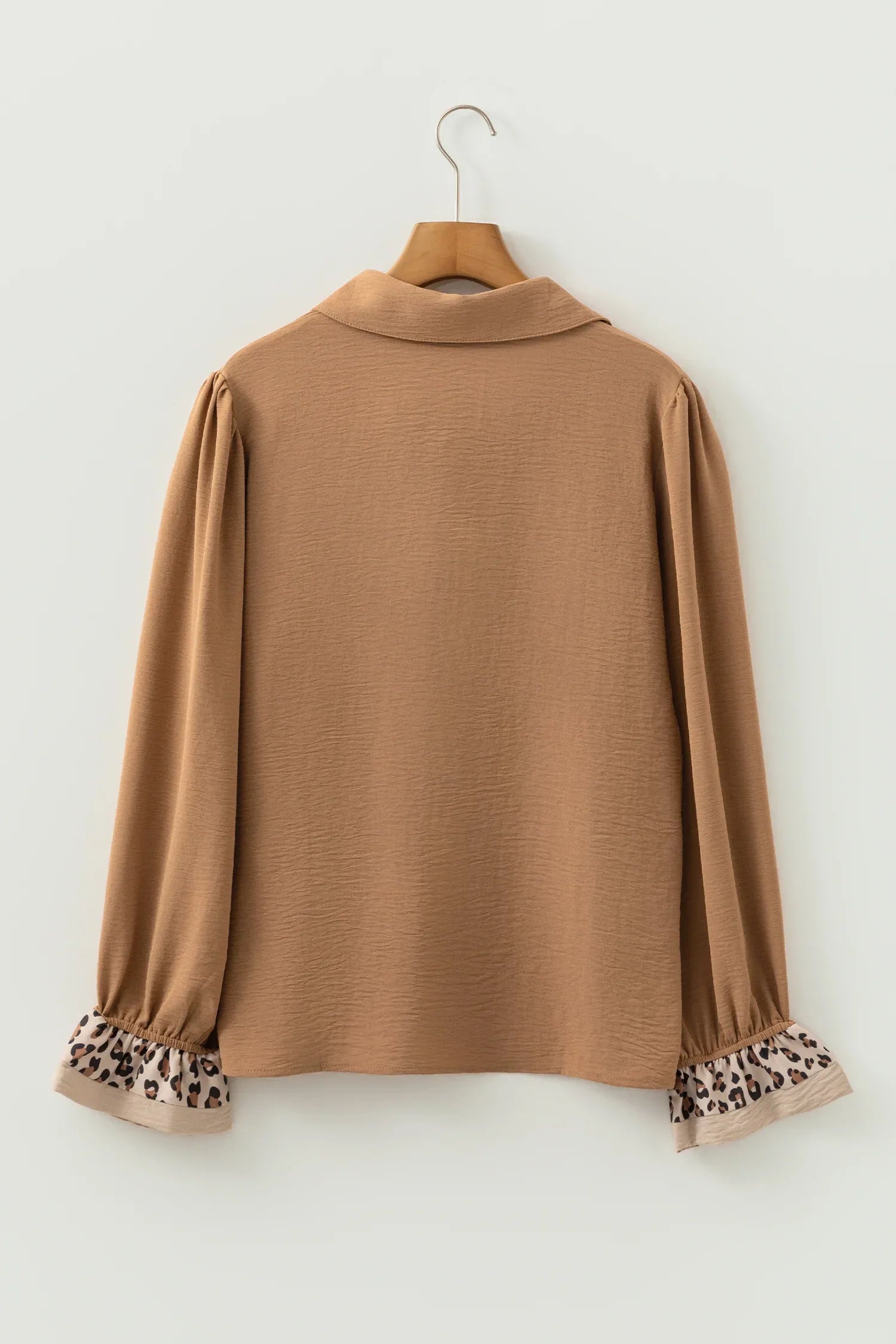 Camel Contrast Leopard Print Patchwork Polo Collar Buttons Front Ruffled Long Sleeve Blouse - MarkoFit