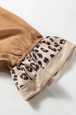 Camel Contrast Leopard Print Patchwork Polo Collar Buttons Front Ruffled Long Sleeve Blouse - MarkoFit