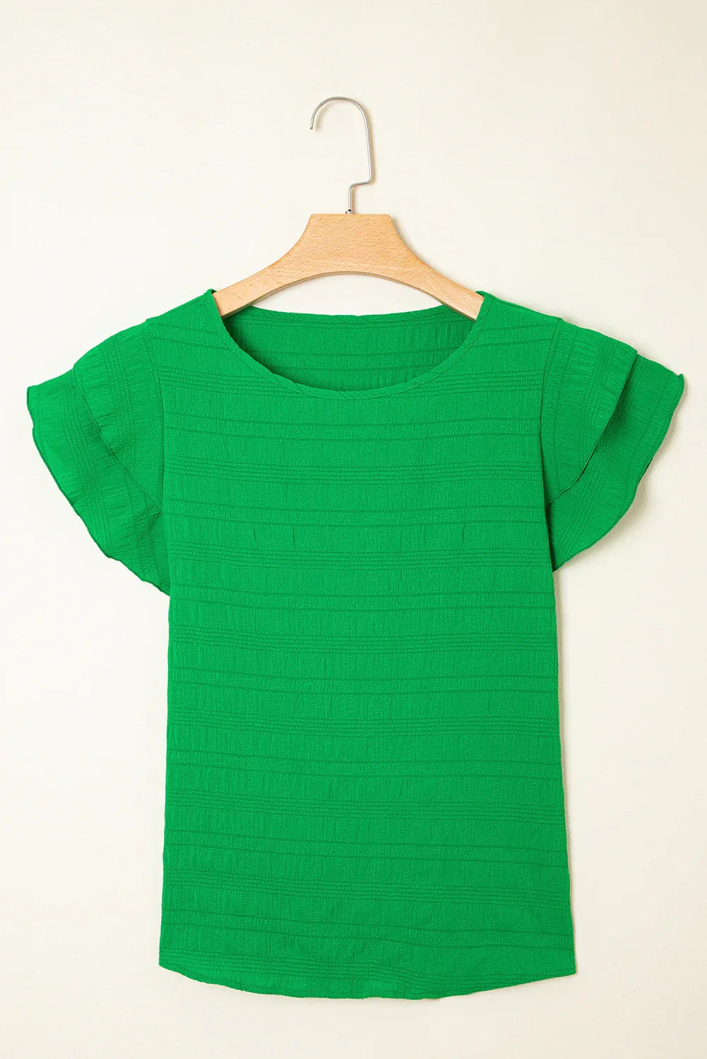 Dark Green Textured Ruffled Sleeve Round Neck Top - MarkoFit