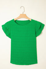 Dark Green Textured Ruffled Sleeve Round Neck Top - MarkoFit
