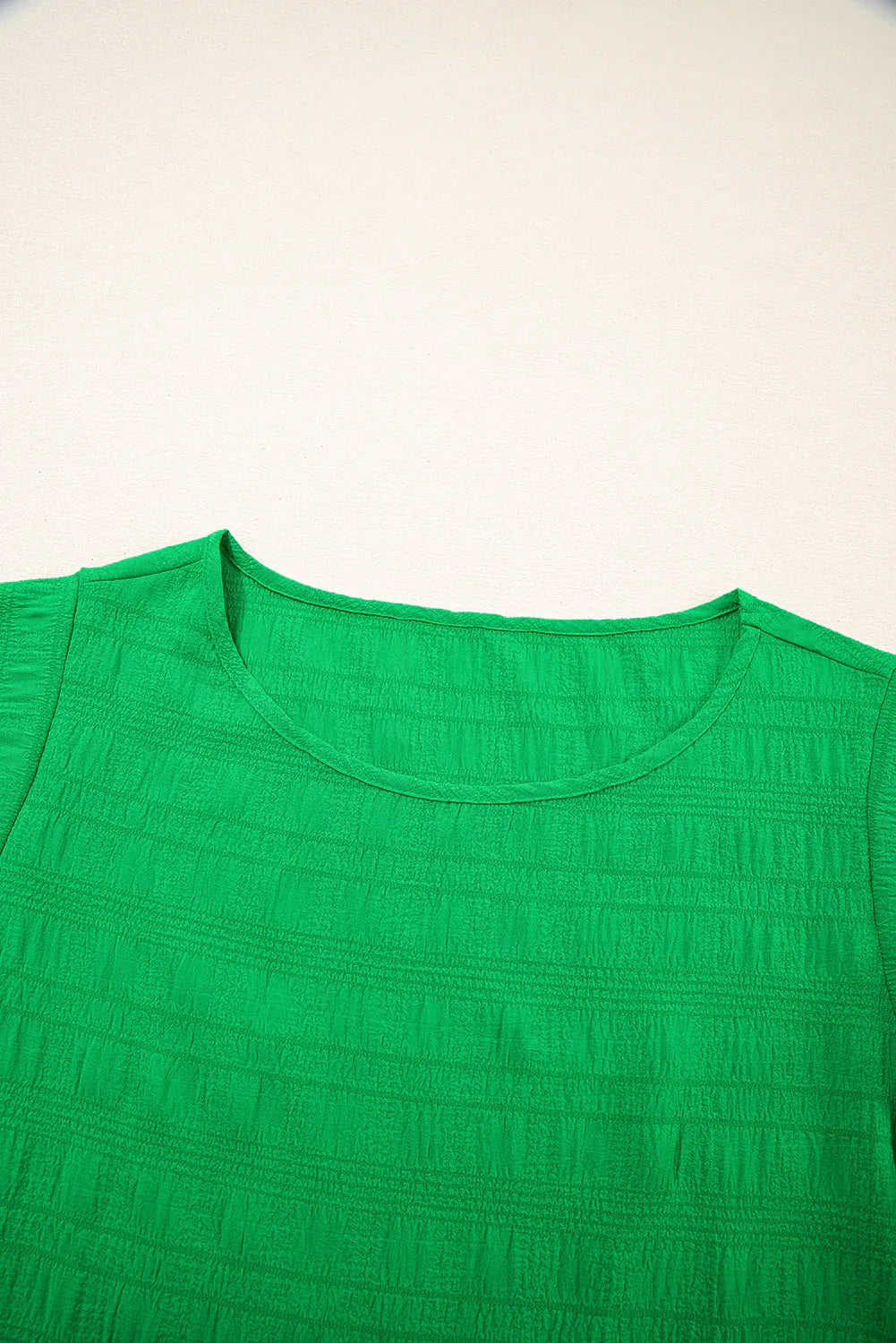 Dark Green Textured Ruffled Sleeve Round Neck Top - MarkoFit