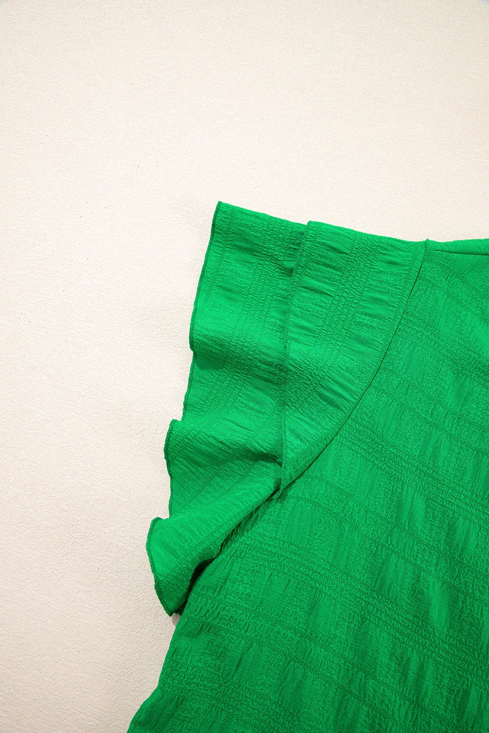 Dark Green Textured Ruffled Sleeve Round Neck Top - MarkoFit