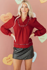 Fiery Red Collar V Neck Leopard Contrasted Trim Textured Blouse - MarkoFit