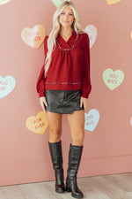 Fiery Red Collar V Neck Leopard Contrasted Trim Textured Blouse - MarkoFit