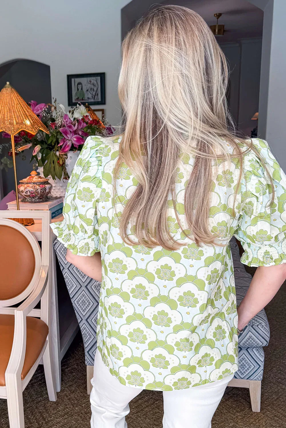 Green Floral Clouds Ruffled Short Sleeve Summer Blouse - MarkoFit