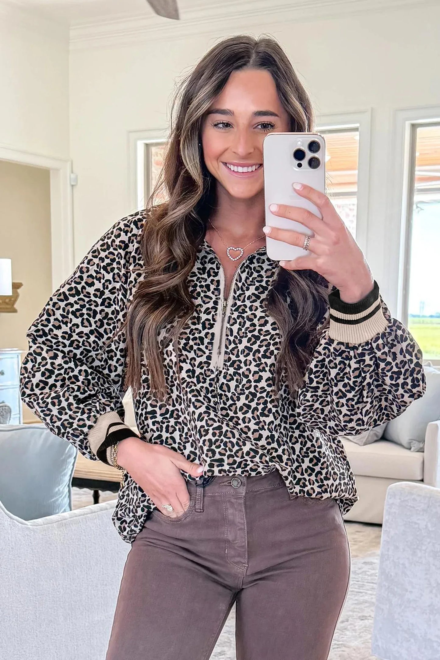 Khaki Leopard Print Half Zip up Blouse - MarkoFit