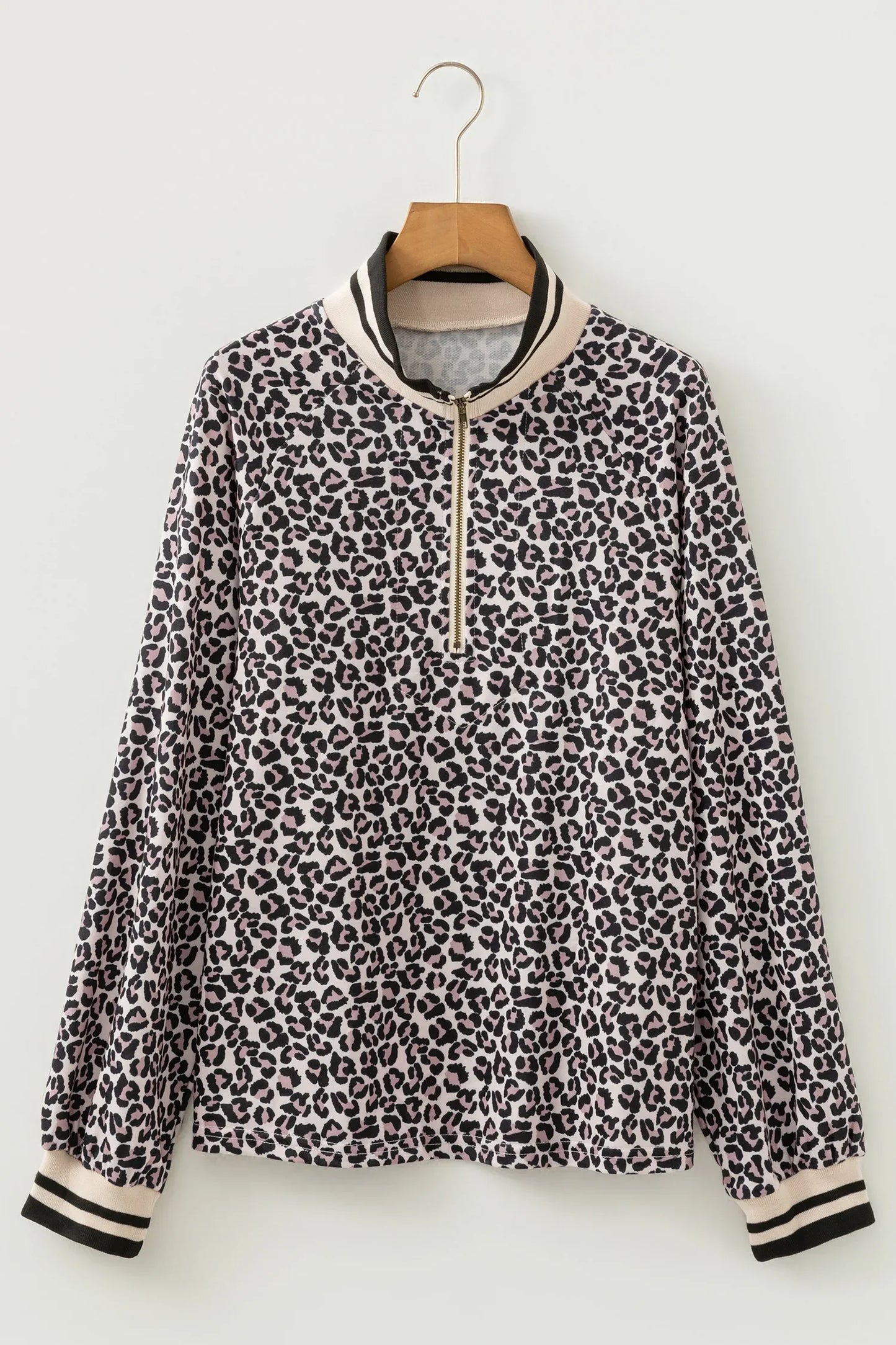 Khaki Leopard Print Half Zip up Blouse - MarkoFit