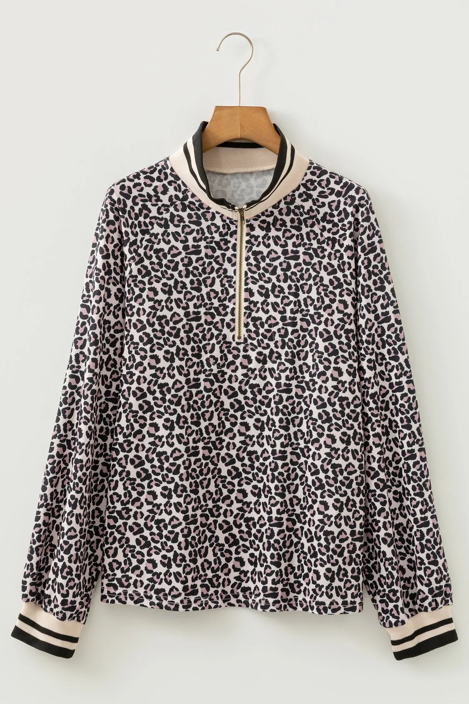 Khaki Leopard Print Half Zip up Blouse - MarkoFit