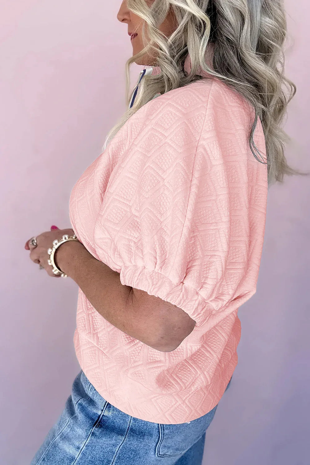 Light Pink Contrast Striped Collar Patchwork Textured Half Sleeve Blouse - MarkoFit