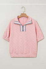 Light Pink Contrast Striped Collar Patchwork Textured Half Sleeve Blouse - MarkoFit