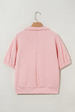 Light Pink Contrast Striped Collar Patchwork Textured Half Sleeve Blouse - MarkoFit