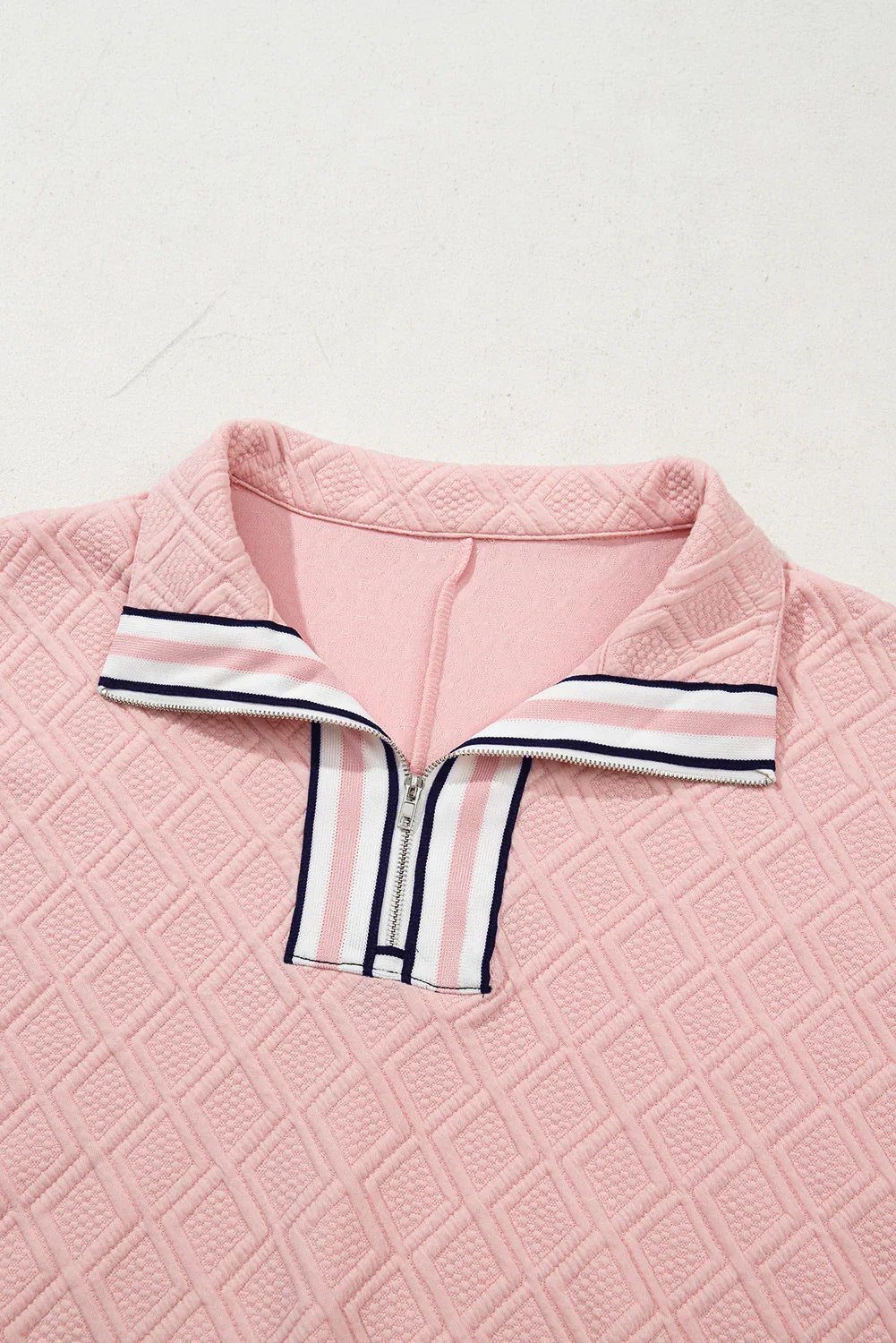 Light Pink Contrast Striped Collar Patchwork Textured Half Sleeve Blouse - MarkoFit