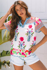 Pink Floral Striped Patchwork Short Sleeve Split Neck Blouse - MarkoFit