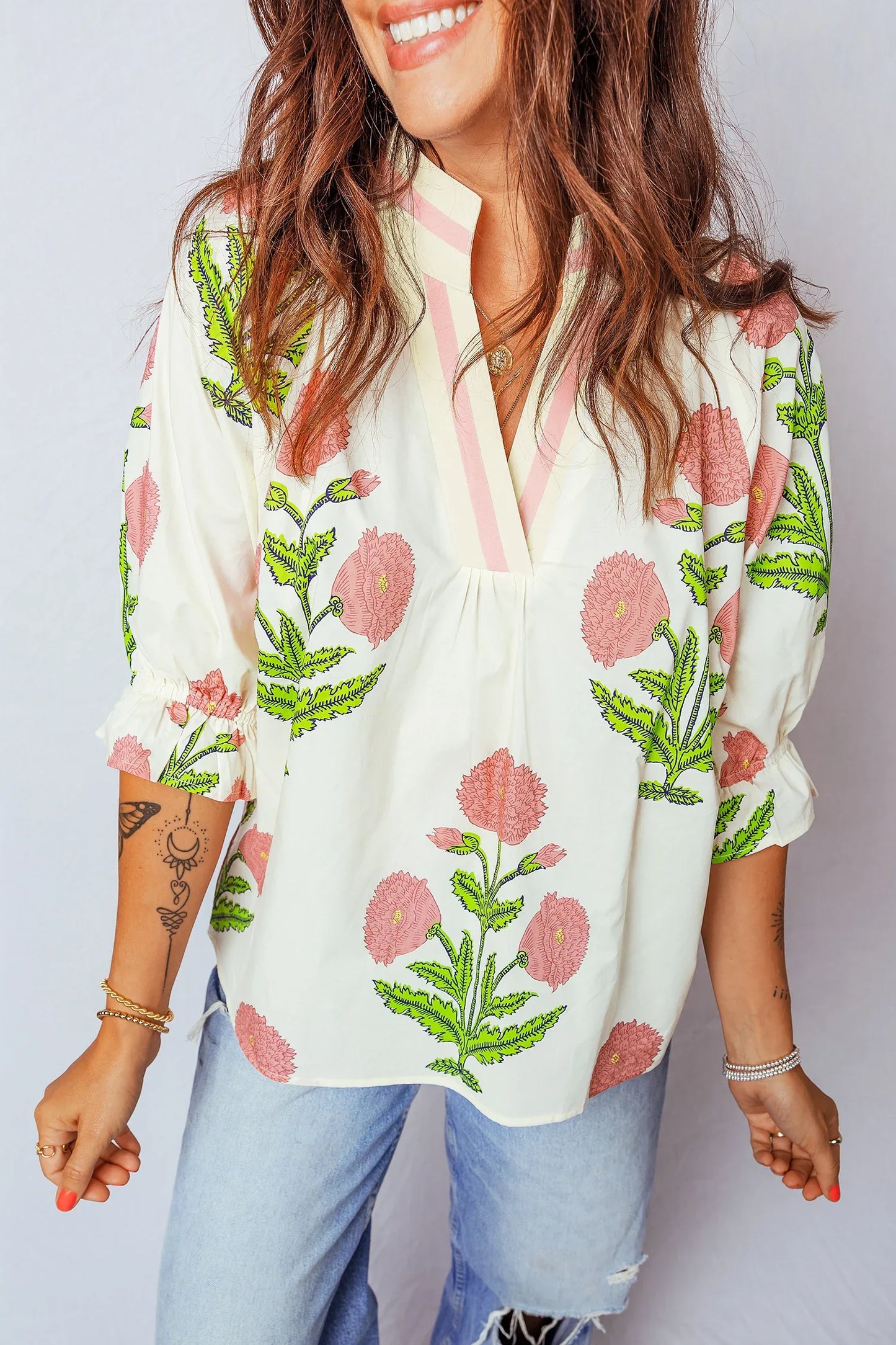Casual Wild Flower Print V Neck 3/4 Sleeve Blouse - MarkoFit
