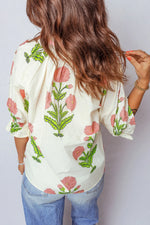 Casual Wild Flower Print V Neck 3/4 Sleeve Blouse - MarkoFit