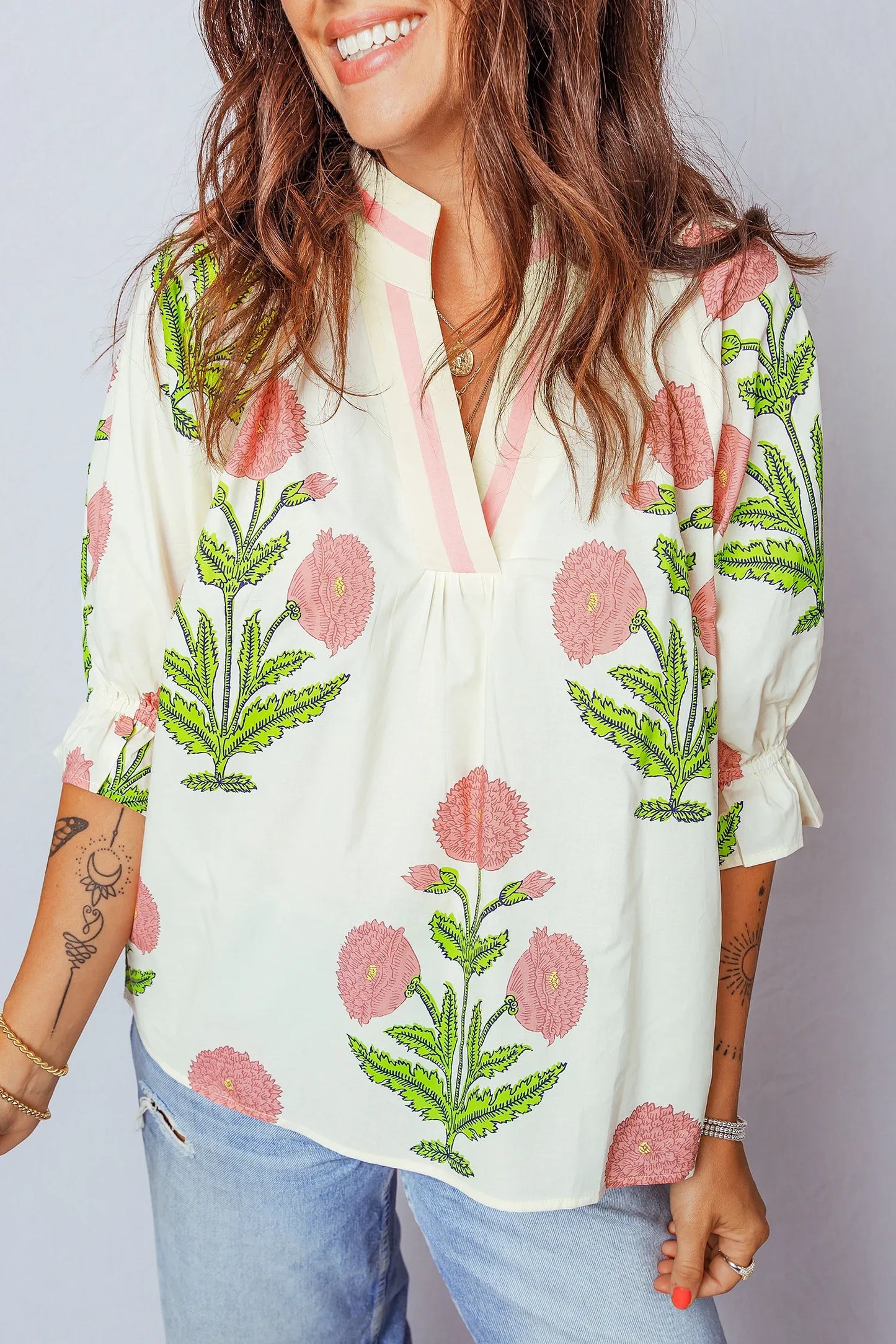 Casual Wild Flower Print V Neck 3/4 Sleeve Blouse - MarkoFit