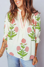 Casual Wild Flower Print V Neck 3/4 Sleeve Blouse - MarkoFit