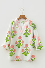 Casual Wild Flower Print V Neck 3/4 Sleeve Blouse - MarkoFit