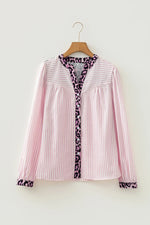 Pink Stripe Leopard Patchwork Long Sleeve Shirt - MarkoFit