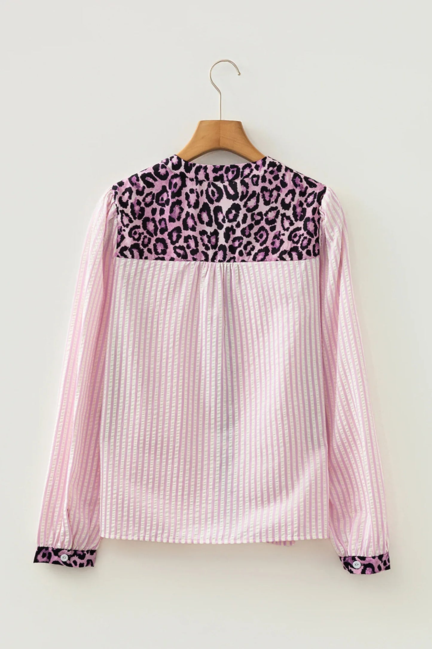 Pink Stripe Leopard Patchwork Long Sleeve Shirt - MarkoFit