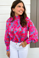 Purple Printed Bubble Sleeve Mock Neck Blouse - MarkoFit