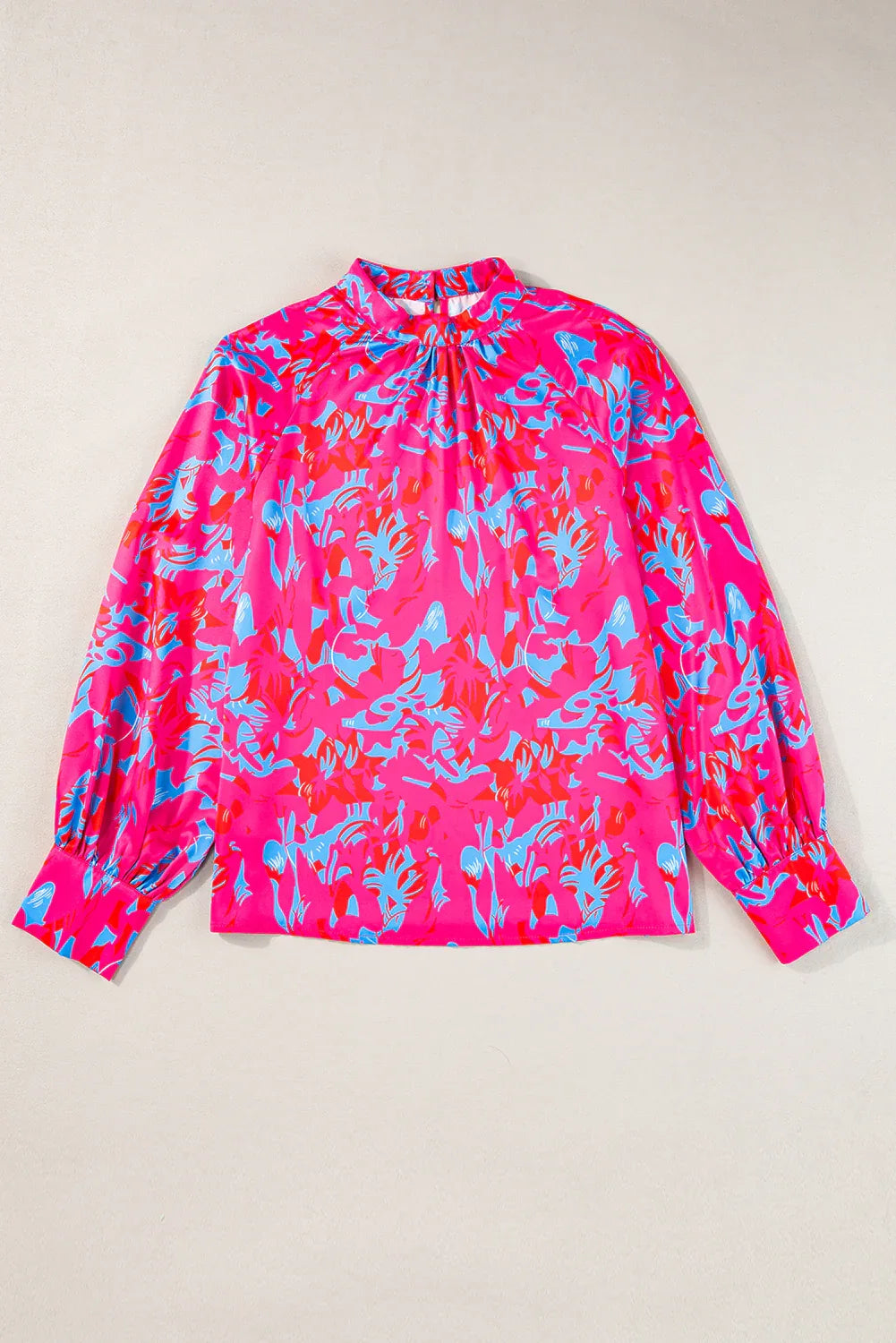 Purple Printed Bubble Sleeve Mock Neck Blouse - MarkoFit