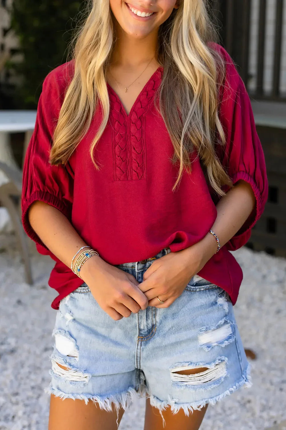 Racing Red Braided Trim V Neck Half Sleeve Blouse - MarkoFit