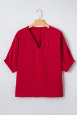 Racing Red Braided Trim V Neck Half Sleeve Blouse - MarkoFit