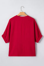 Racing Red Braided Trim V Neck Half Sleeve Blouse - MarkoFit