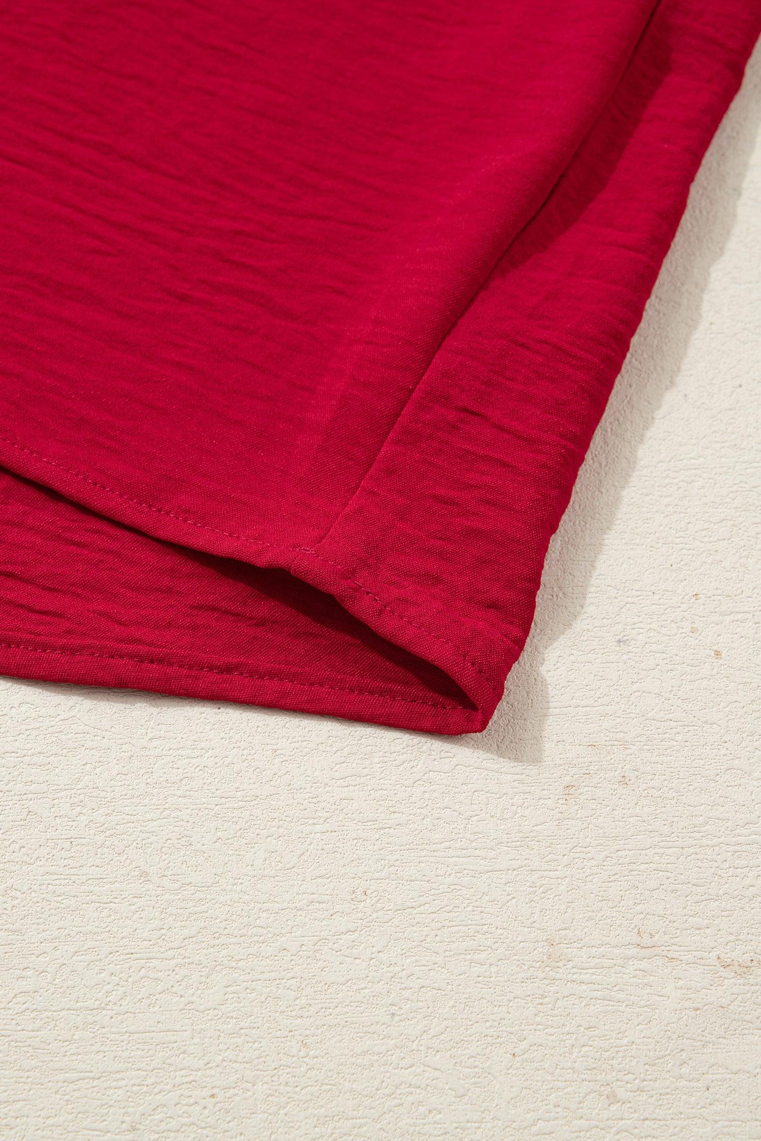 Racing Red Braided Trim V Neck Half Sleeve Blouse - MarkoFit