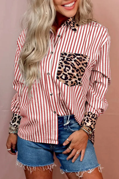 Racing Red Striped Leopard Print Patchwork Button Up Womens Shirt - MarkoFit