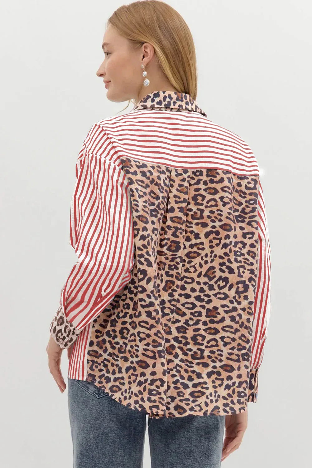 Racing Red Striped Leopard Print Patchwork Button Up Womens Shirt - MarkoFit