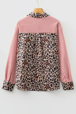 Racing Red Striped Leopard Print Patchwork Button Up Womens Shirt - MarkoFit