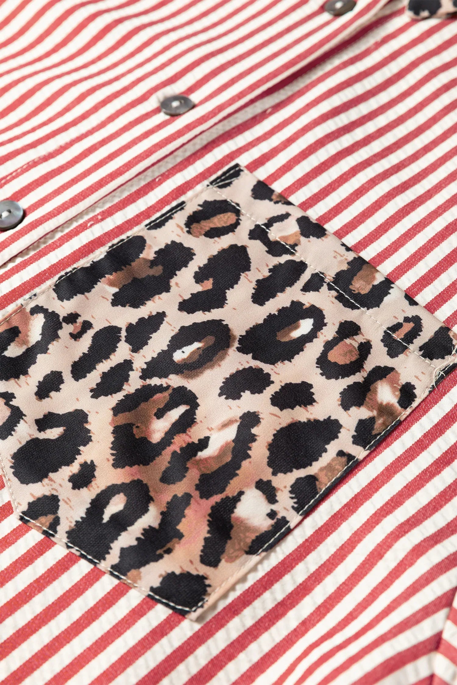 Racing Red Striped Leopard Print Patchwork Button Up Womens Shirt - MarkoFit