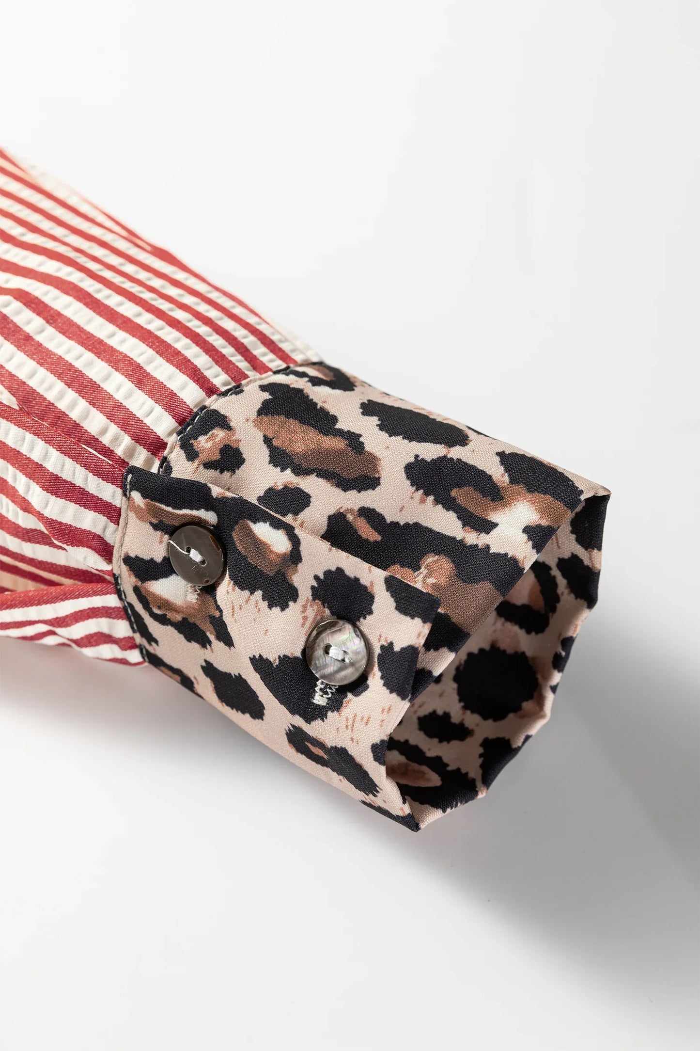 Racing Red Striped Leopard Print Patchwork Button Up Womens Shirt - MarkoFit